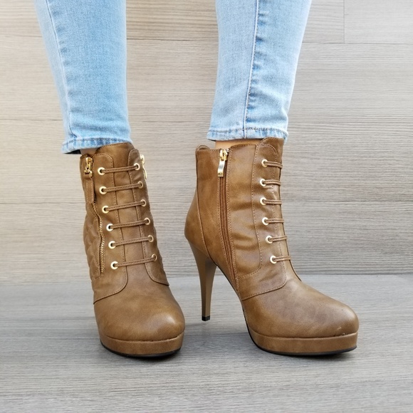 Khaki Platform High Heel Boots Light Fur inside - Picture 3 of 8